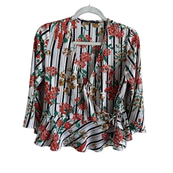Zara Basic Collection Women S Striped Floral Kimono Sleeves Peplum Wrap Blouse - Picture 2 of 9